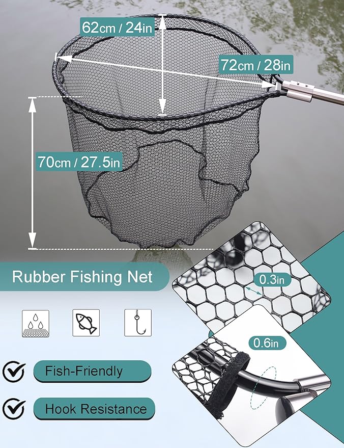 Avlcoaky Rubber Fishing Net - Large Saltwater Fishing Landing Net with Telescoping Handle for Kayak Fishing - Extends 70 to 94 Inch, 27.5 Inch Depth