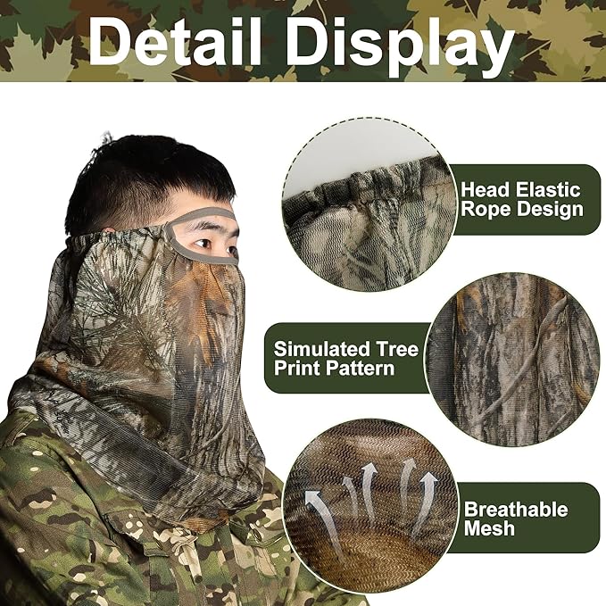 Watayo 2 Pcs Camo Hunting Face Mask, Hunting Head Net Camouflage Balaclava, Adjustable Hunting Breathable Mesh Mask for Men