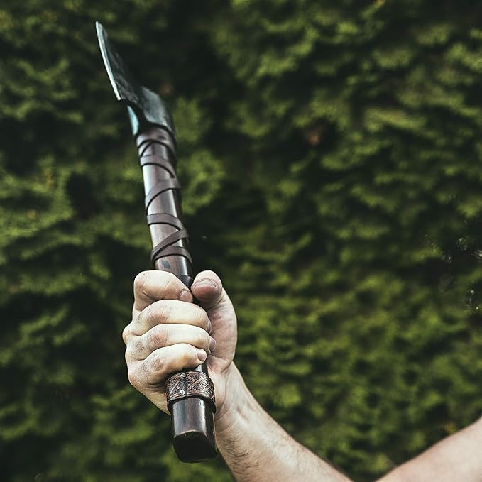 Throwing Axe Set (2) - Norse Tradesman 14" Viking Throwing Axe Set - Two Fully Sharpened Norse Hand-Axes - Carbon Steel Axe Heads with Premium Leather Cross-Stitch