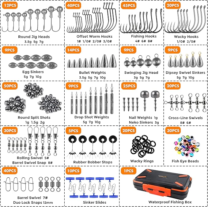 PLUSINNO 264/397pcs Fishing Accessories Kit, Organized Fishing Tackle Box with Tackle Included, Fishing Hooks, Fishing Weights Sinkers, Swivels, Beads, Fishing Gear Set Equipment for Bass Trout