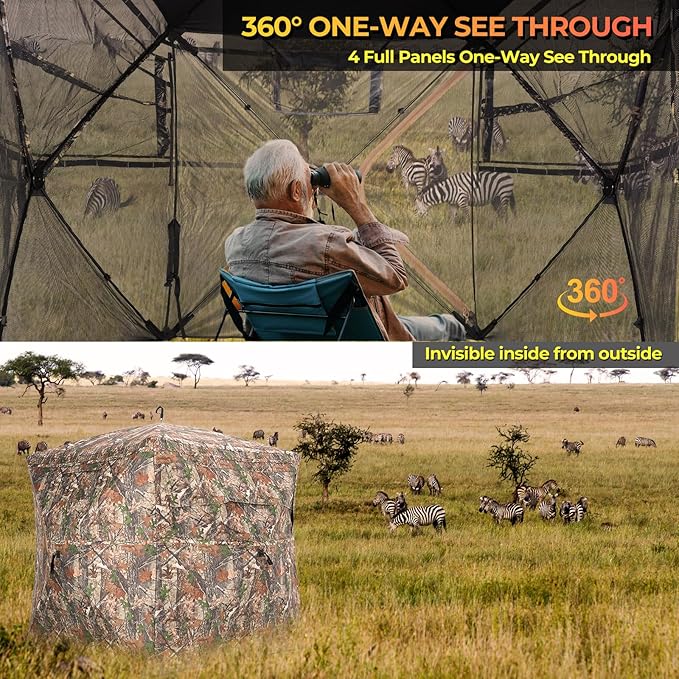 360 See-Through Hunting Blind, 2-3 Person, Light Woodland Camouflage, 4 Season, Hunting Tent