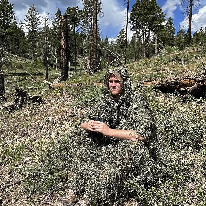 AUSCAMOTEK Ghillie Suit Poncho for Hunting Bird Watch Gilly Camouflage Cloak Green and Desert