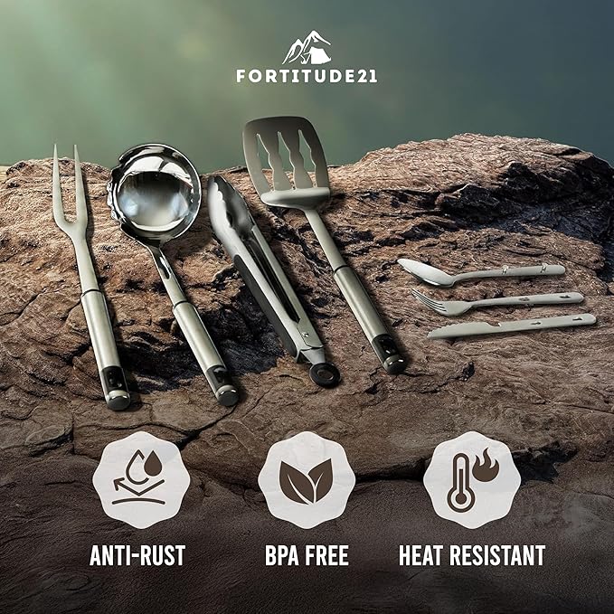 Camping Utensils Set, 21pcs Camp Cooking Kit with BBQ Tools, Knife Set & Spice Kit – Heat-Resistant Cutting Board, Dishwasher-Safe Cutlery for Outdoor, Hiking, Backpacking