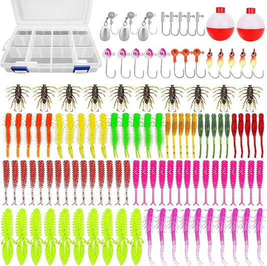 Trout & Crappie Ice Fishing Gear Lures Kit, Including Jig Heads,Soft Plastic baits for Panfish,Bluegill, Bass etc Freshwater Equipment