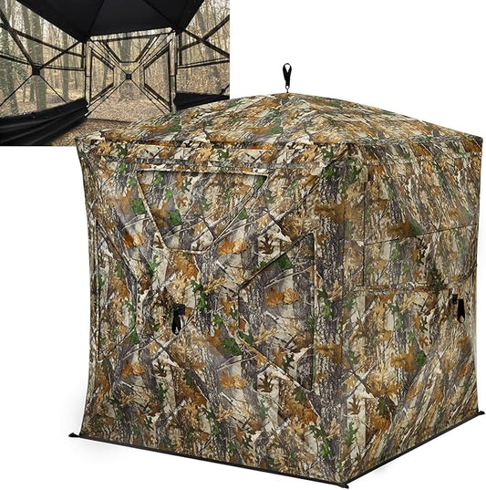 TIDEWE See Through Blind 270°with Silent Magnetic Door & Sliding Windows, 2-3 Person Pop Up Ground Blind with Carrying Bag, 300D Portable Resilient Tent(Camouflage & Veil Rush)