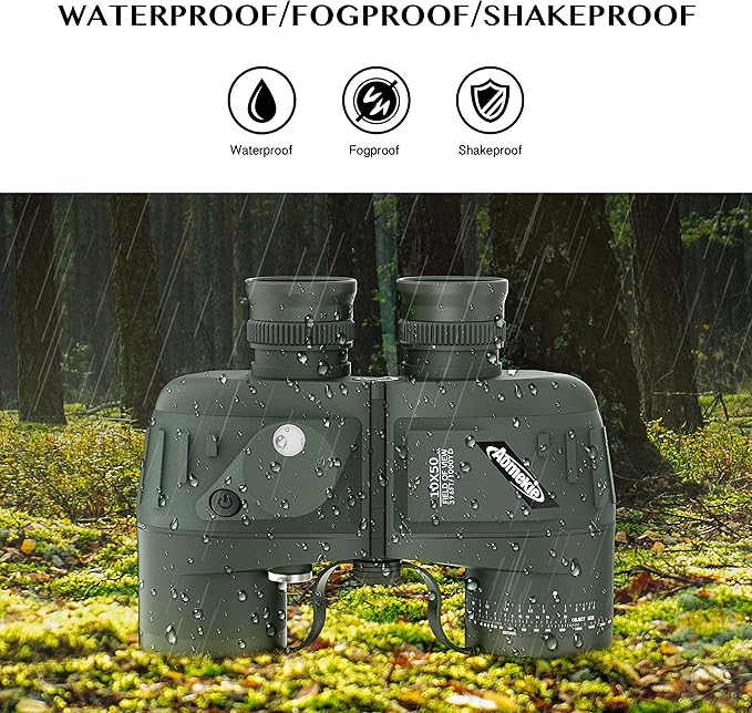 AOMEKIE Marine Binoculars for Adults 10x50 Waterproof Binoculars with Rangefinder Compass BAK4 Prism FMC Lens for Birdwatching Hunting Boating
