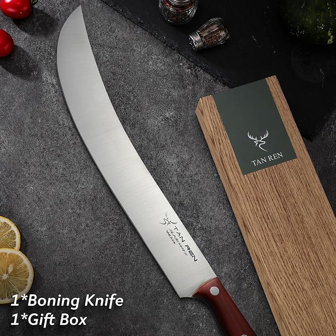 TAN REN Butcher Brisket Knife for Meat Carving, 12 Inch Cimeter Meat Slicing Knife with Wood Handle, Full Tang Breaking Knives for BBQ and Turkey