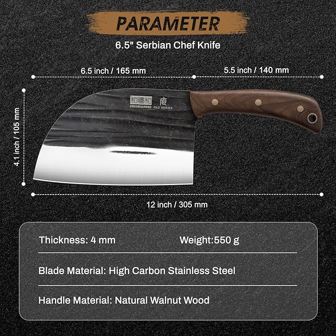 6.5 Inch Serbian Chef Knife, High Carbon Steel Meat Cleaver Knife for Meat Cutting, Handmade Forged Heavy Duty Butcher Knife with Full Tang for Home & Camping & BBQ Gift for Men