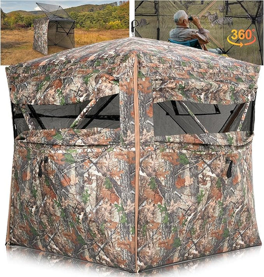 360 See-Through Hunting Blind, 2-3 Person, Light Woodland Camouflage, 4 Season, Hunting Tent