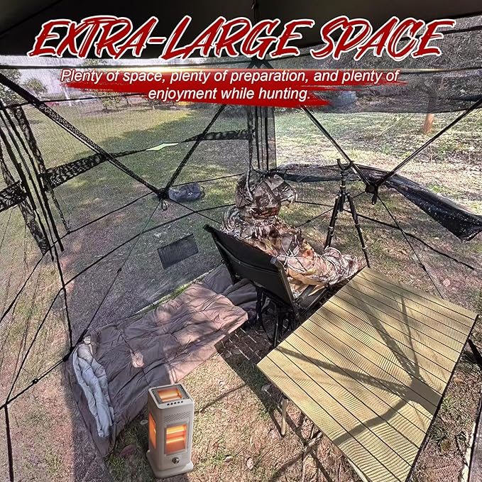 Wide Bottom Hunting Blind 3/4 Person with Portable Chair, 270 Degree See Through Pop up Ground Blinds for Deer Turkey Duck Hunting, Bow Hunting Adjust Windows with Silent Zipper