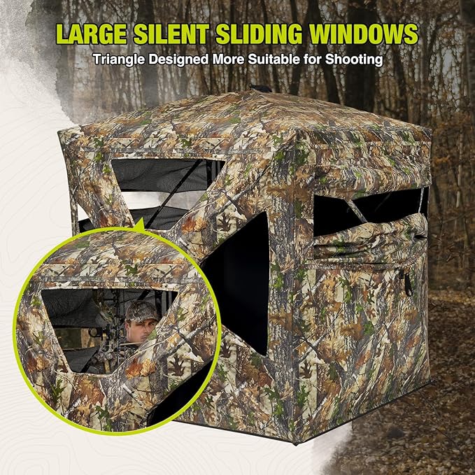 TIDEWE See Through Blind 270°with Silent Magnetic Door & Sliding Windows, 2-3 Person Pop Up Ground Blind with Carrying Bag, 300D Portable Resilient Tent(Camouflage & Veil Rush)