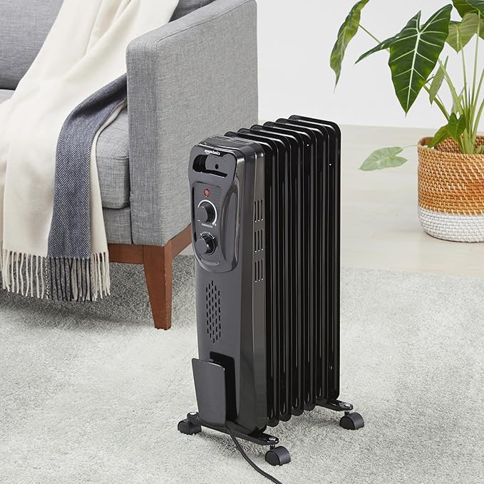 Amazon Basics Portable Oil Radiator Heater for Indoor Use, 3 Heat Settings, Over-Heat Protection, ETL-certified Safety, 7 Oil-Filled Steel Fins, 1500W, 11"D x 14.8"W x 25.2"H, Black