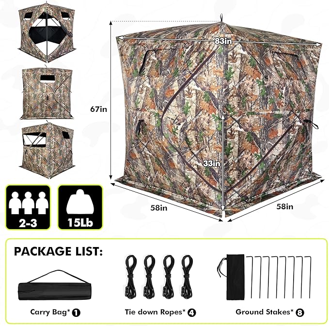 Hunting Blind 270/360 Degree See Through Ground Blind,2/3 Person Pop Up Deer Blind with Carrying Bag,Portable Resilient Hunting Tent