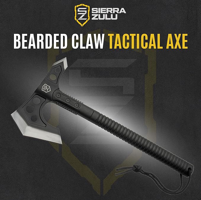 Sierra Zulu Camping Axe - Tactical Survival Hatchet with Bearded Axe Head, Nylon Sheath & Glass Fiber Handle - Full Tang Outdoor Bushcraft Tool for Camping, Hiking, and Chopping Tasks