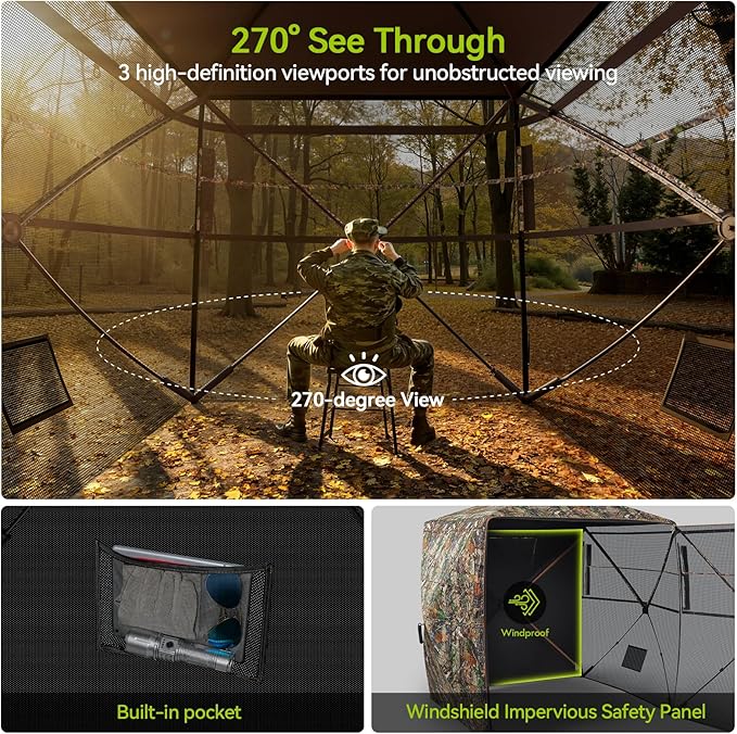Rhino Valley Hunting Blind 270° See Through, Pop Up Hunting Tent with Double Opening, Portable Resilient Ground Blinds with Silent Magnetic Door & Sliding Windows