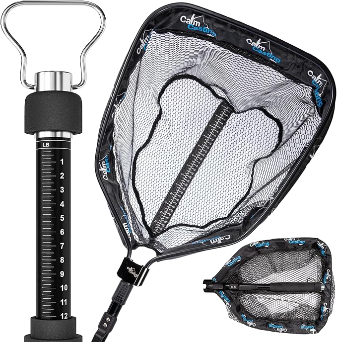 3in1 Floating Fishing Net with inbuilt Weighing Scale & Ruler for Kayak, Fly, Bass, Trout, Salmon, Steelhead Fishing, Rubber Coated Landing net for Catch & Release, Lightweight & Folding