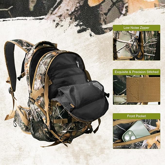 600D Waterproof Hunting Backpack for Men, 30L Camo Hunting Pack with Bow Holder
