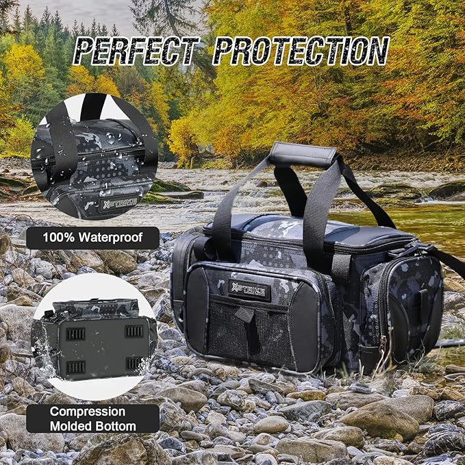 X Strike Fishing Bag - Waterproof Storage with 4 3600 Tackle Box, Saltwater & Freshwater Shoulder Bag for Camping, Hunting, Hiking, Travel