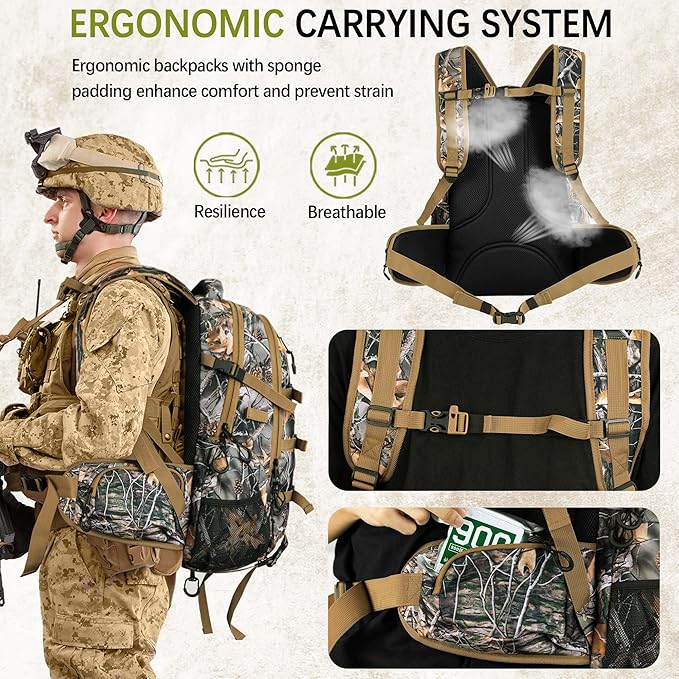 600D Waterproof Hunting Backpack for Men, 30L Camo Hunting Pack with Bow Holder