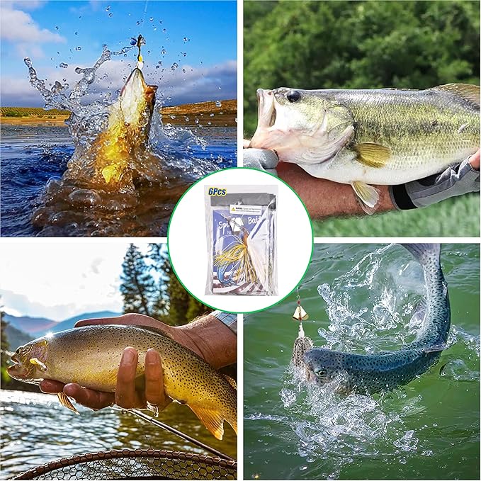 Spinnerbait Fishing Lures Kit Set, 6pcs Bass Fishing Buzzbait Multicolor Bass Trout Salmon Metal Spinner Baits Swim Jigs Freshwater Saltwater Fishing