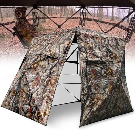Wide Bottom Hunting Blind 3/4 Person with Portable Chair, 360 Degree See Through Pop up Ground Blinds for Deer Turkey Duck Hunting, Bow Hunting Adjust Windows with Silent Zipper