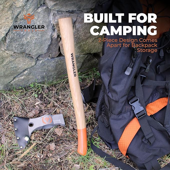 Titanium Camping Axe - 18" & 11.5" Wood Hickory Handles - Tomahawk Axe Hammer End - 2-Piece Slip-Fit Design - Includes Blade Sheath and 2 Handles - Survival Axe