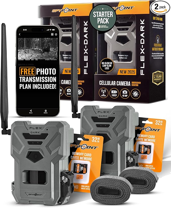 SPYPOINT Flex-Dark Twin Starter Pack with 2 SD Card - Cellular Trail Camera, 40MP Photos, 1080p Video + Sound, No-Glow Game Camera, Hunting Night Vision, Motion Activated,100ft Detection