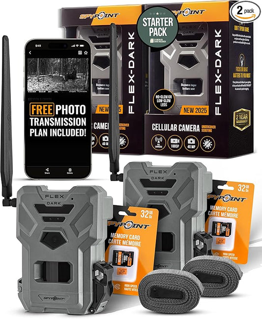 SPYPOINT Flex-Dark Twin Starter Pack with 2 SD Card - Cellular Trail Camera, 40MP Photos, 1080p Video + Sound, No-Glow Game Camera, Hunting Night Vision, Motion Activated,100ft Detection