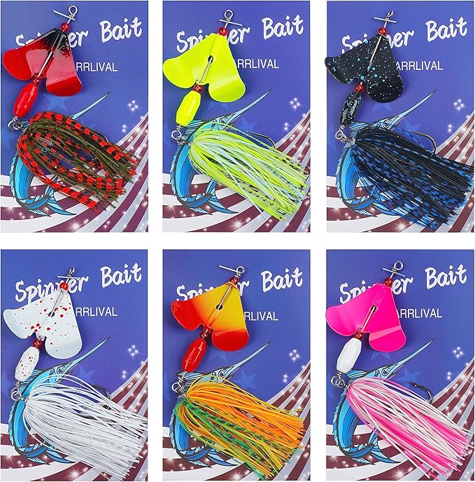 Spinnerbait Fishing Lures Kit Set, 6pcs Bass Fishing Buzzbait Multicolor Bass Trout Salmon Metal Spinner Baits Swim Jigs Freshwater Saltwater Fishing