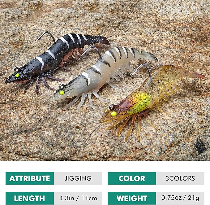 TRUSCEND Pre-rigged Fishing Jig Lures for Freshwater and Saltwater, Innovative Super Durable TPE Bass Lures, Lifelike Shrimp Crayfish Swimbait, Weedless Lure for Crappie Trout Walleye, Keep Separately